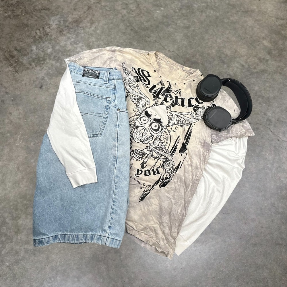 Vintage Y2K Skull Graphic Tie Dye T-Shirt Grey Tan Distressed Grunge Mens‎ XL